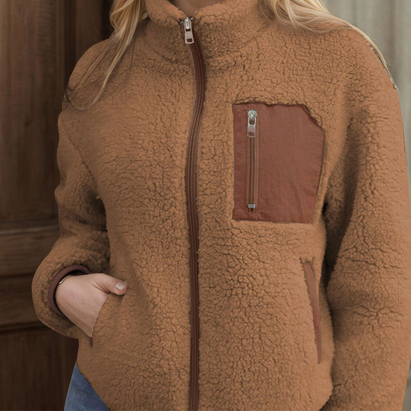 Damen Winter Sherpa Plüschjacke mit durchgehendem Reißverschluss