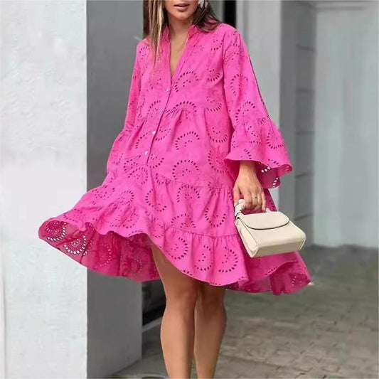 🌸【S-4XL】Monochromatyczna luźna sukienka z dekoltem w szpic