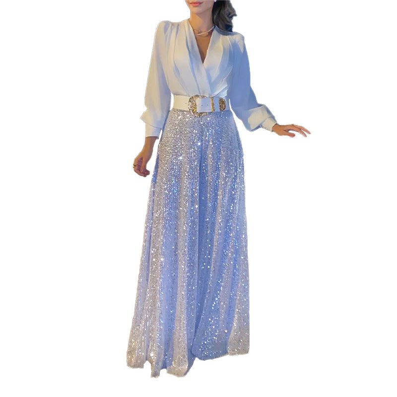 Elegante langärmelige Bluse mit V-Ausschnitt und weite, mit Pailletten besetzte Jumpsuit-Hose
