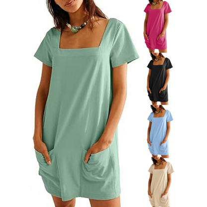 Ежедневна рокля с къс ръкав и квадратно деколте с джобове