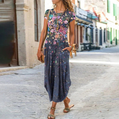 Women's Floral Printed Short-Sleeve Long Dresses