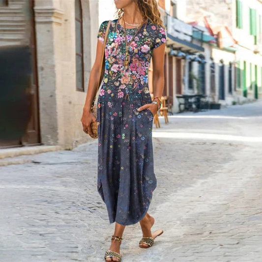 Women's Floral Printed Short-Sleeve Long Dresses