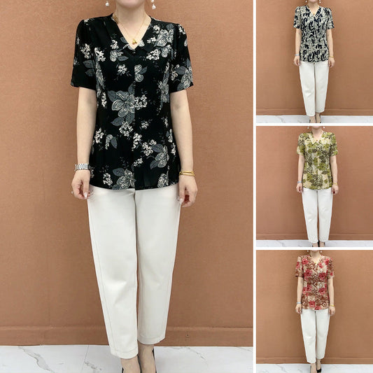 Elegant V-Neck Print Button-up Top