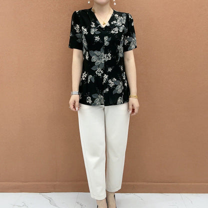 Elegant V-Neck Print Button-up Top
