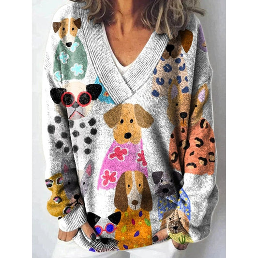 Women's V-Neck Printed Oversized Sweater