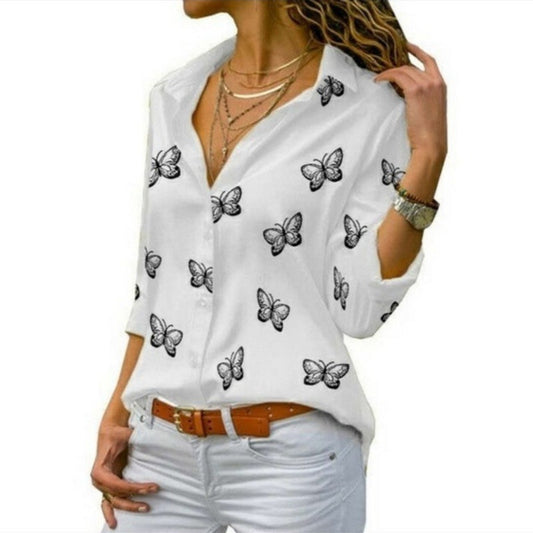 Women’s V-Neck Lapel Long Sleeve Butterfly Printed Shirts