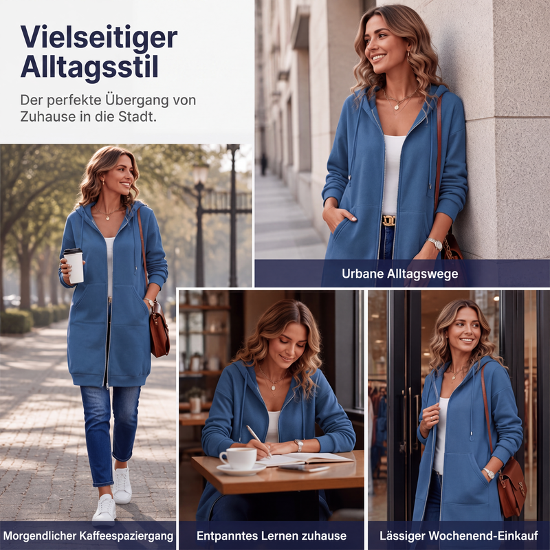 🧥 Lässig, bequem & vielseitig – Damen Kapuzenjacke in längerer Passform