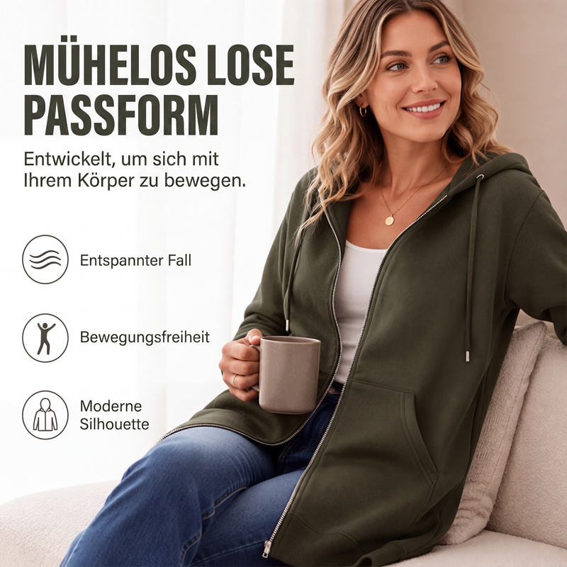 🧥 Lässig, bequem & vielseitig – Damen Kapuzenjacke in längerer Passform