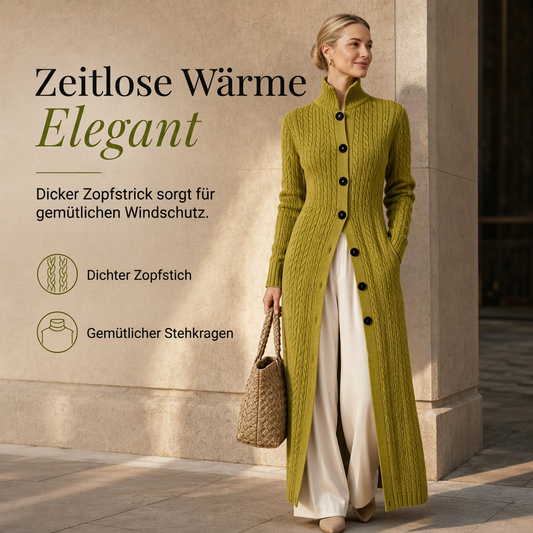 🧶🔥 Akciós kedvenc! Női hosszú kardigán fonott mintával – Állógallér, elegáns hossz, puha kötés ✨