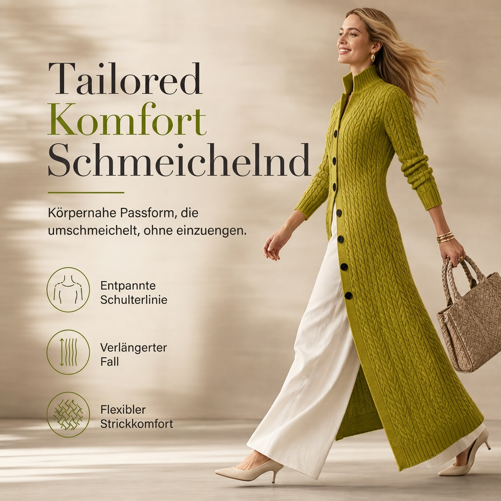 🧶🔥 Akciós kedvenc! Női hosszú kardigán fonott mintával – Állógallér, elegáns hossz, puha kötés ✨