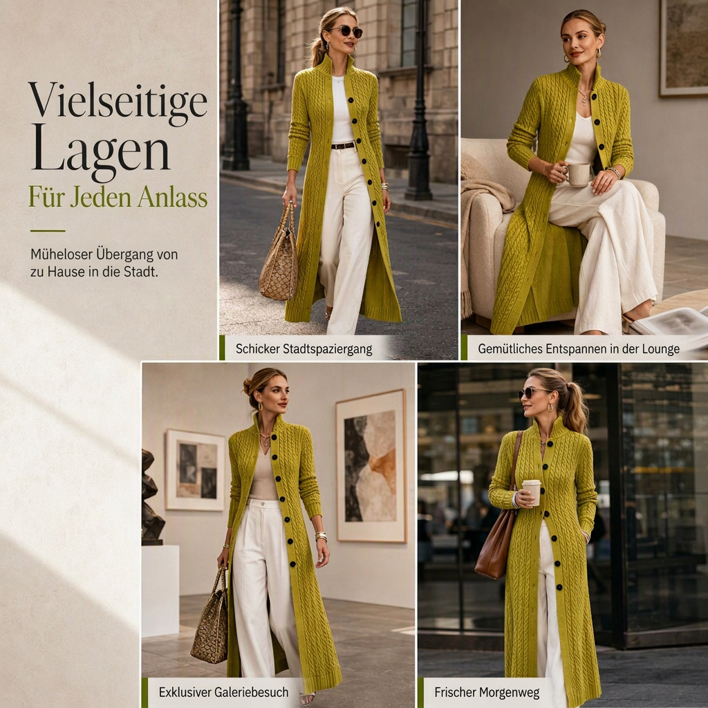 🧶🔥 Akciós kedvenc! Női hosszú kardigán fonott mintával – Állógallér, elegáns hossz, puha kötés ✨