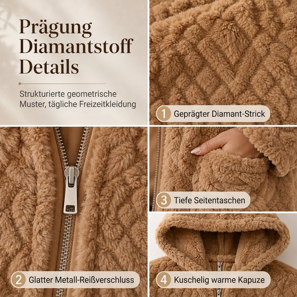 📦 🔥✨ Aktionsfavorit: Damen-Teddyjacke mit Kapuze und Reißverschluss – Kuschelige Wärme, Zopfstruktur & praktische Taschen 🧥