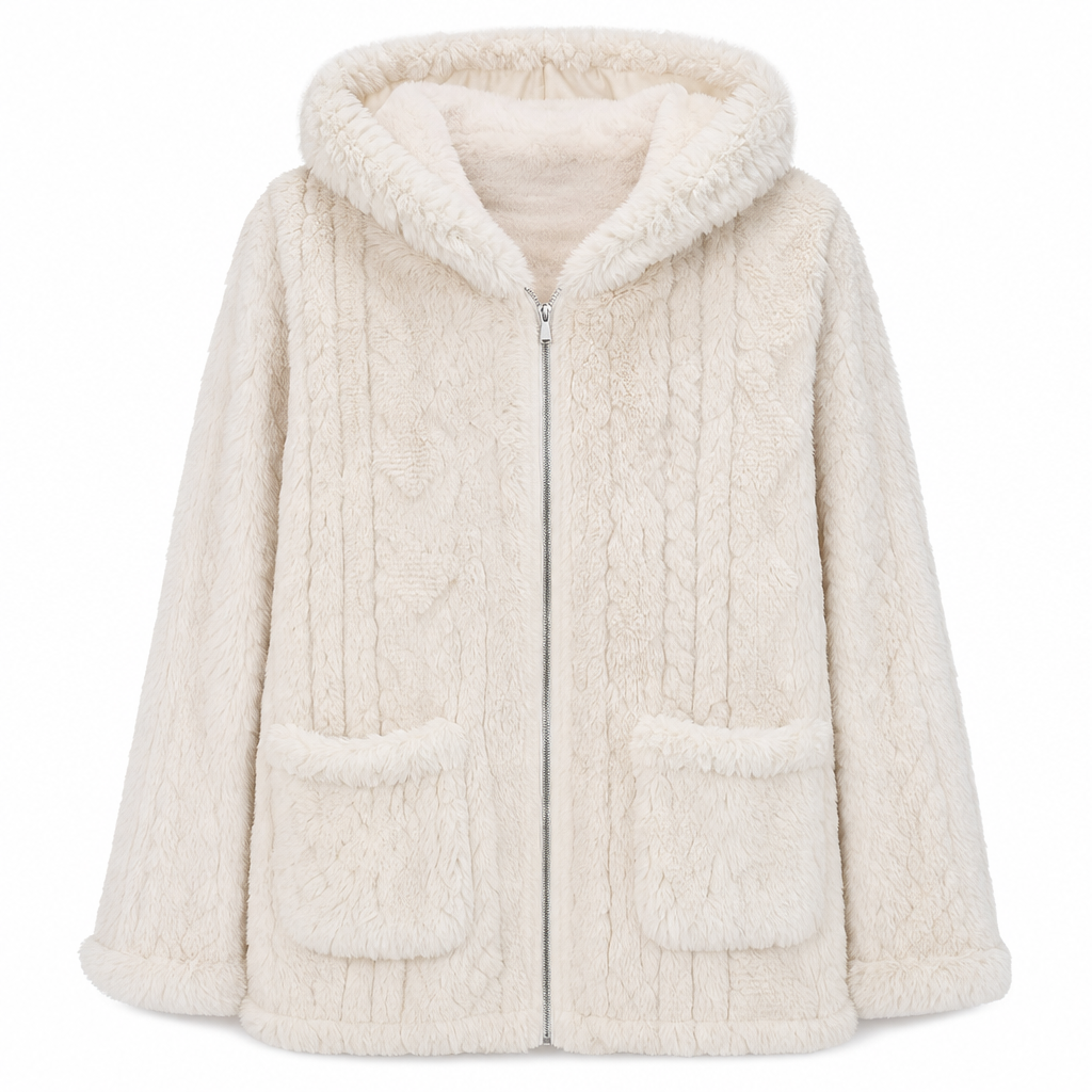 📦 🔥✨ Aktionsfavorit: Damen-Teddyjacke mit Kapuze und Reißverschluss – Kuschelige Wärme, Zopfstruktur & praktische Taschen 🧥