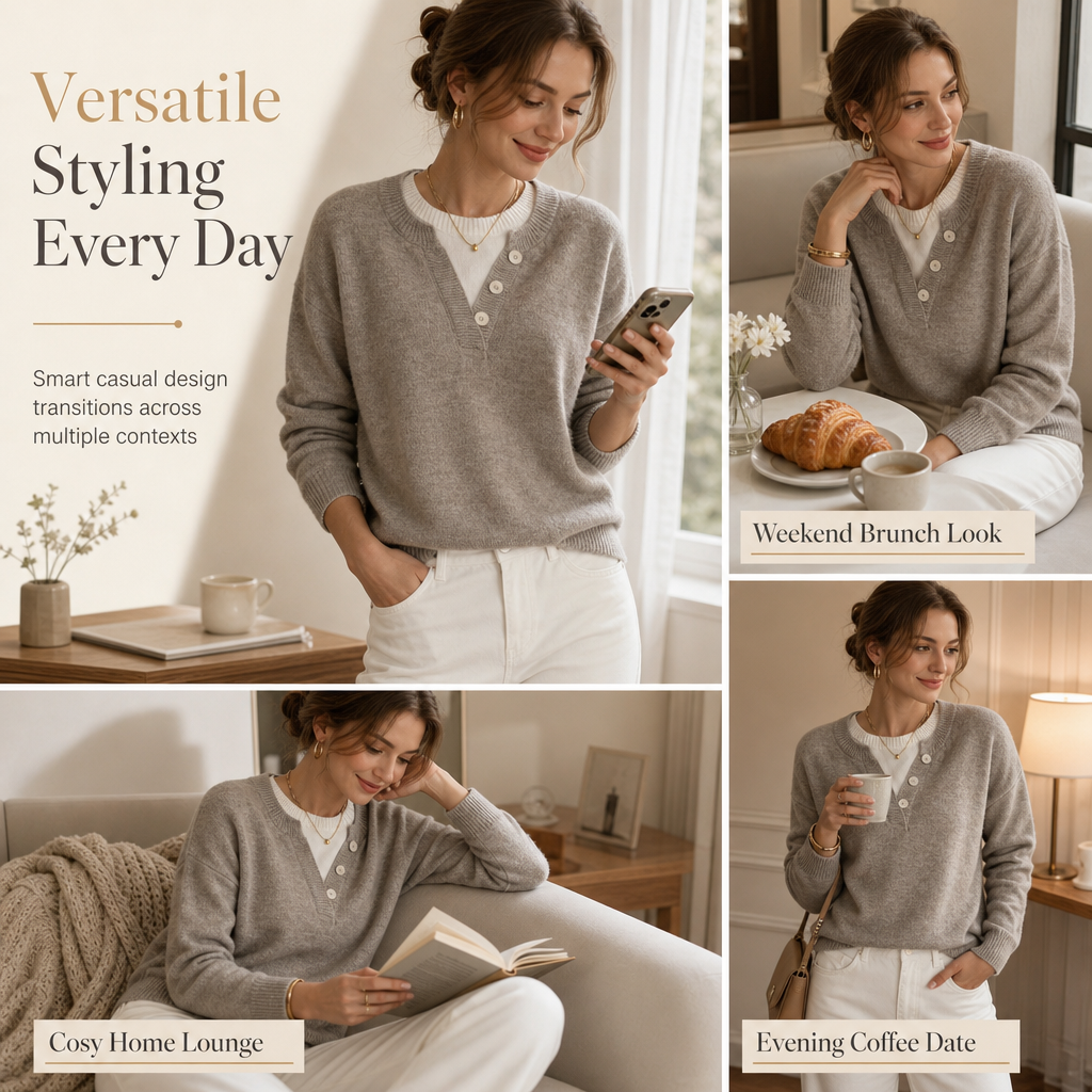 📢🎉🛍️✨Lässiger zweiteiliger Strickpullover mit V-Ausschnitt und Knopfdetails