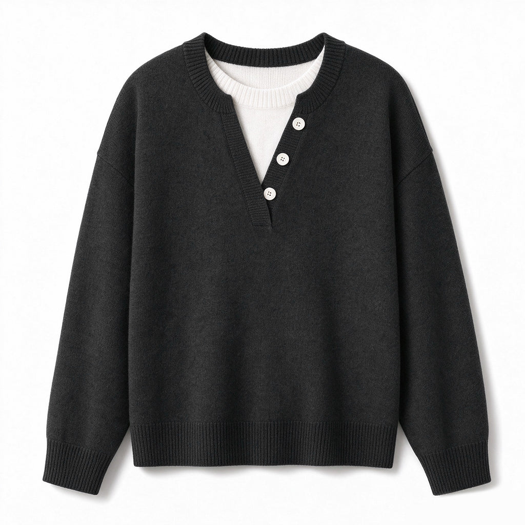📢🎉🛍️✨Lässiger zweiteiliger Strickpullover mit V-Ausschnitt und Knopfdetails