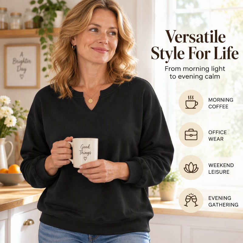 🌼Damen-Sweatshirt mit V-Ausschnitt-Schlitz und Rippbündchen – stylischer Alltagslook 📦