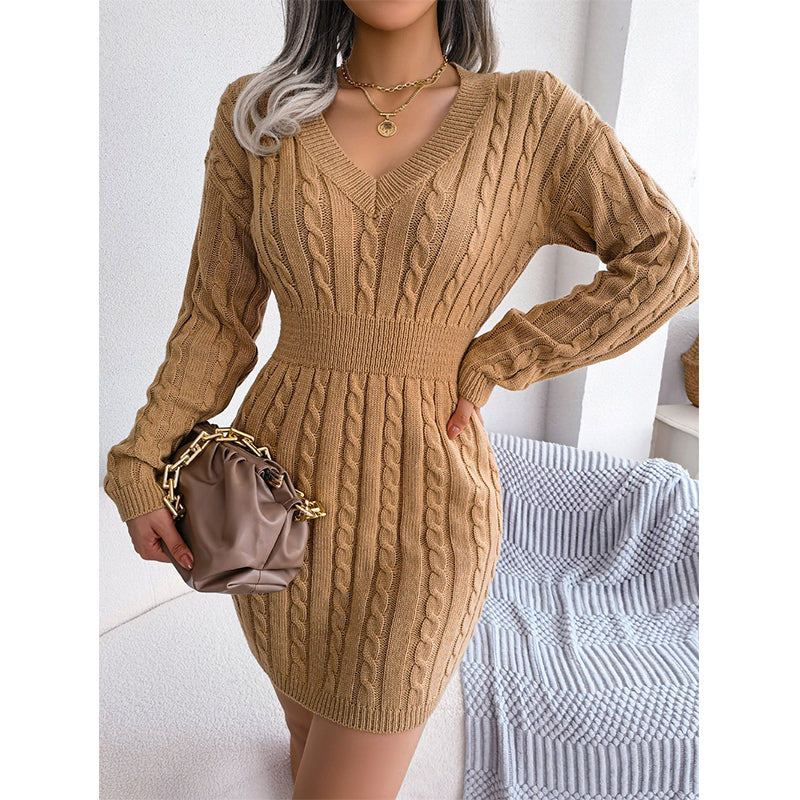 🔥🔥Elegantes Damen-Strickkleid mit Zopfmuster und figurbetontem Schnitt