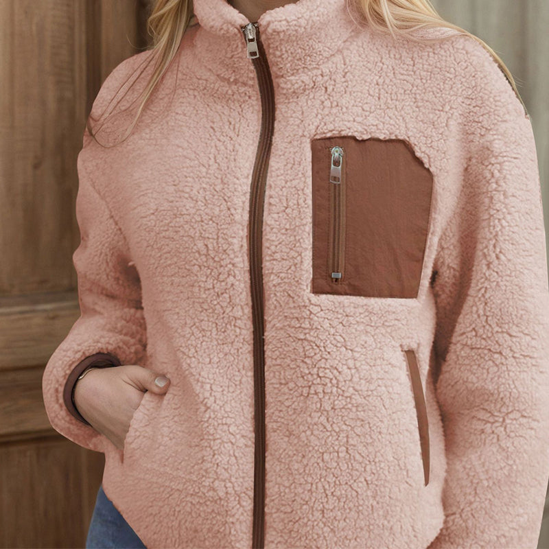 Damen Winter Sherpa Plüschjacke mit durchgehendem Reißverschluss