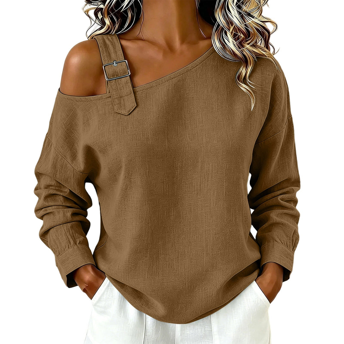 👚 Damen lässiges einfarbiges Leinen-Baumwoll-Oberteil mit freier Schulter – Lässig & atmungsaktiv für Sommer & Freizeit ✨