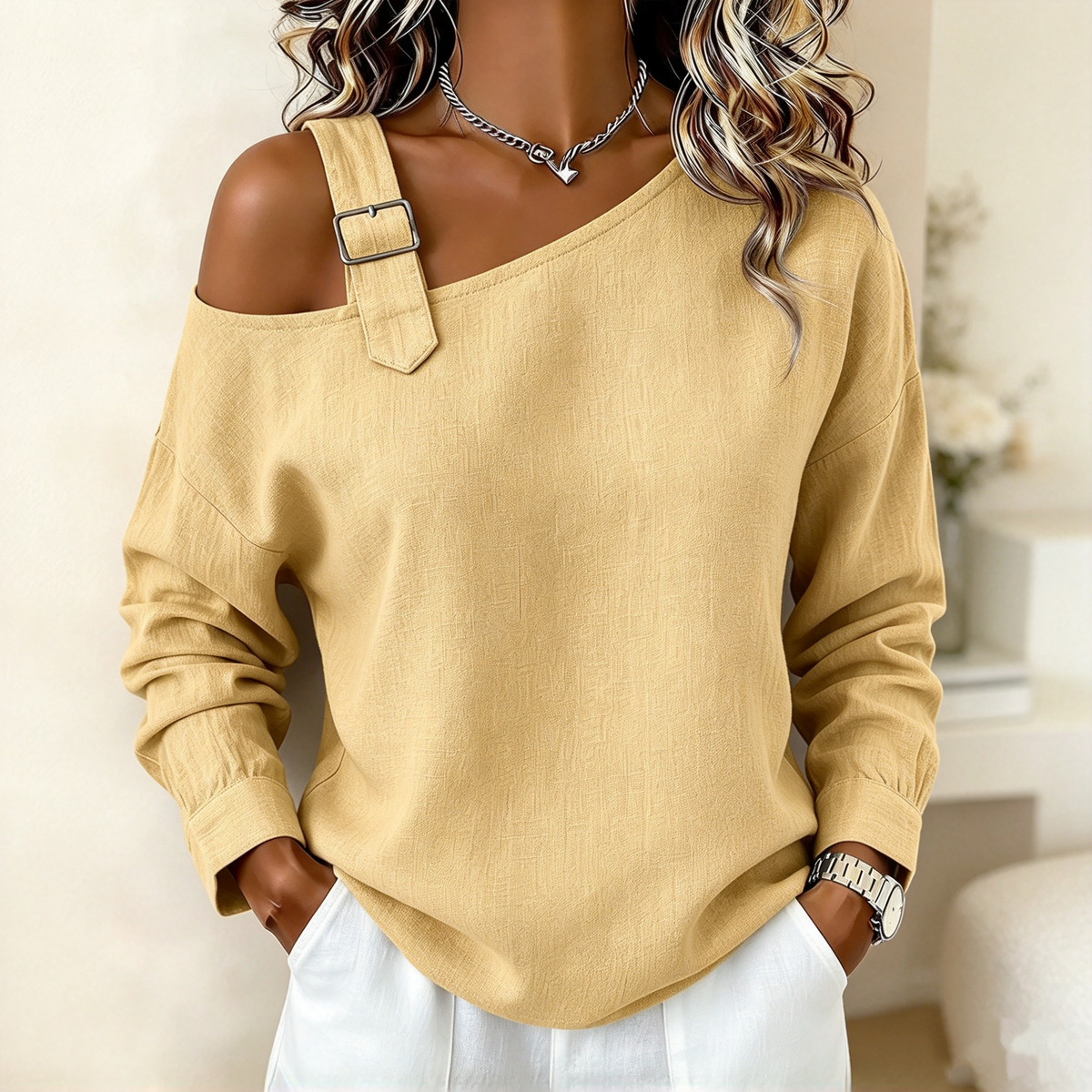 👚 Damen lässiges einfarbiges Leinen-Baumwoll-Oberteil mit freier Schulter – Lässig & atmungsaktiv für Sommer & Freizeit ✨