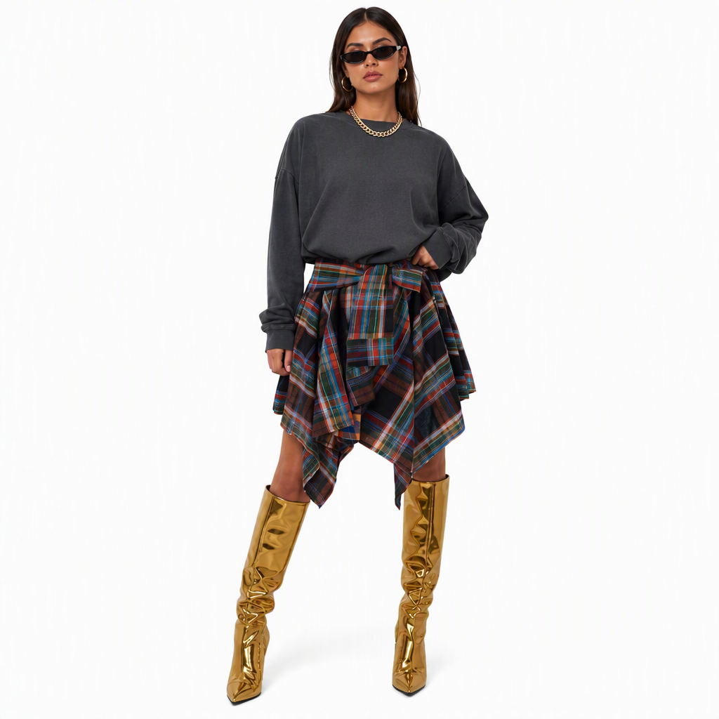 🔥 Bestseller – 50% Rabatt! Hohe Taille, asymmetrisches Karomuster, Patchwork-Rock für Damen 🔥