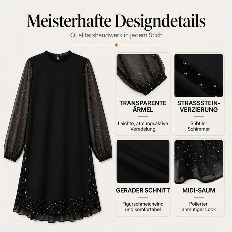 👗 Elegantes Damenkleid mit transparenten Punktenärmeln – Weich, feminin & stilvoll für festliche Anlässe ✨