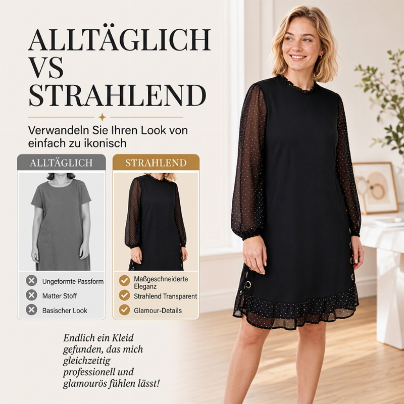 👗 Elegantes Damenkleid mit transparenten Punktenärmeln – Weich, feminin & stilvoll für festliche Anlässe ✨